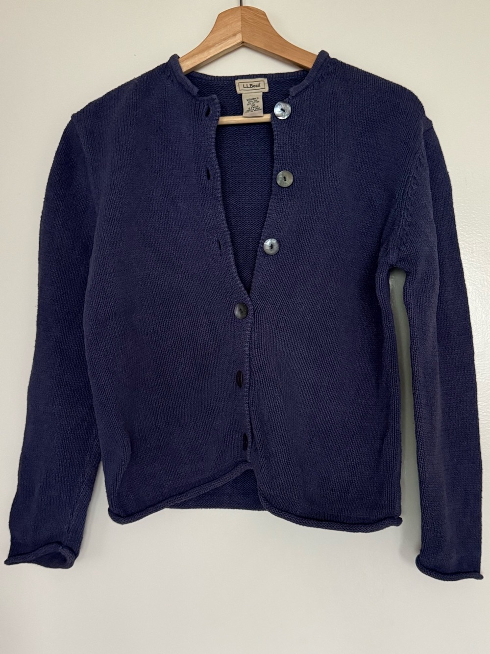 LL Bean Silk Cotton Cardigan Mother of Pearl Button Cottage Coastal in Blue